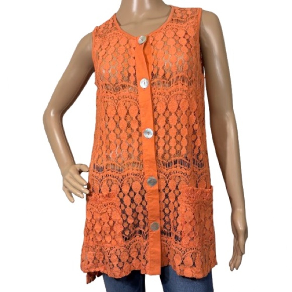 Multiples Salmon Linen Lace Sheer Sleeveless Tunic Top Size M
